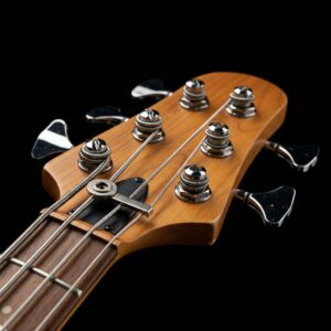 A close-up view of the neck and headstock of a 6 bass strings guitar, highlighting the tuning pegs and strings.
