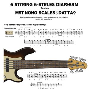 Diagram illustrating common scales played on a 6 bass strings guitar fretboard.