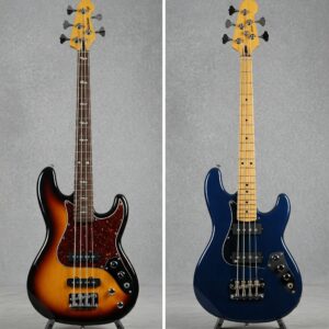 Side-by-side comparison of a 6 bass strings guitar and a 4-string bass guitar, highlighting the additional strings.