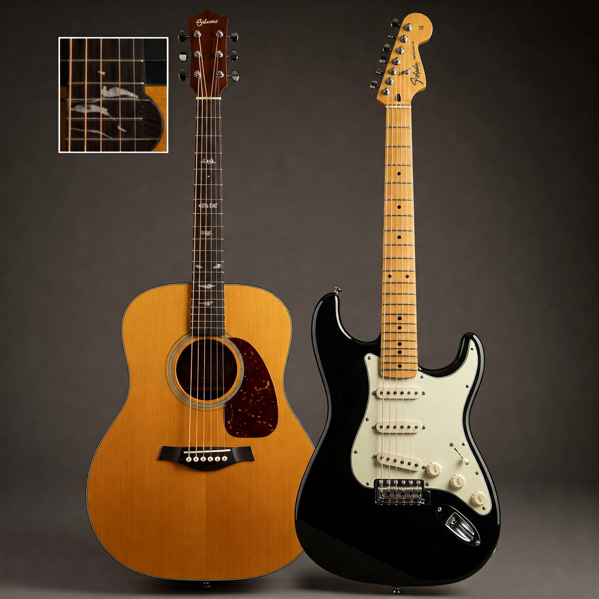 "Side-by-side comparison of an acoustic guitar and an electric guitar, highlighting their key differences." Acoustic guitar vs Electric guitar