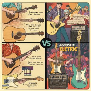 "Illustration contrasting typical playing styles and techniques used for acoustic guitar versus electric guitar." Acoustic guitar vs Electric guitar