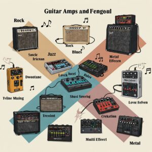 Visual representation of how both guitar amps and multi-effects pedals can be used across various music genres. Guitar amp vs Multi-effects pedal 