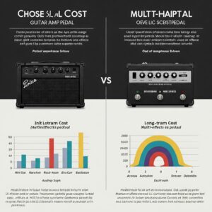 Infographic comparing the potential cost and overall value proposition of choosing a guitar amp versus a multi-effects pedal. Guitar amp vs Multi-effects pedal
