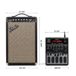 Visual comparison of the physical size and portability differences between a guitar amp and a compact multi-effects unit. Guitar amp vs Multi-effects pedal