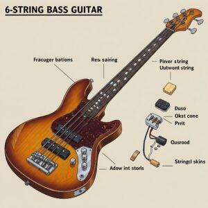 Illustration showing the different parts of a 6 bass strings guitar, including the body, neck, pickups, and bridge.