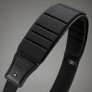 "Bass guitar strap with a padded shoulder section, designed for comfort during long performances."
