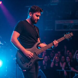 A musician playing a 5 string electric bass guitar during a performance.