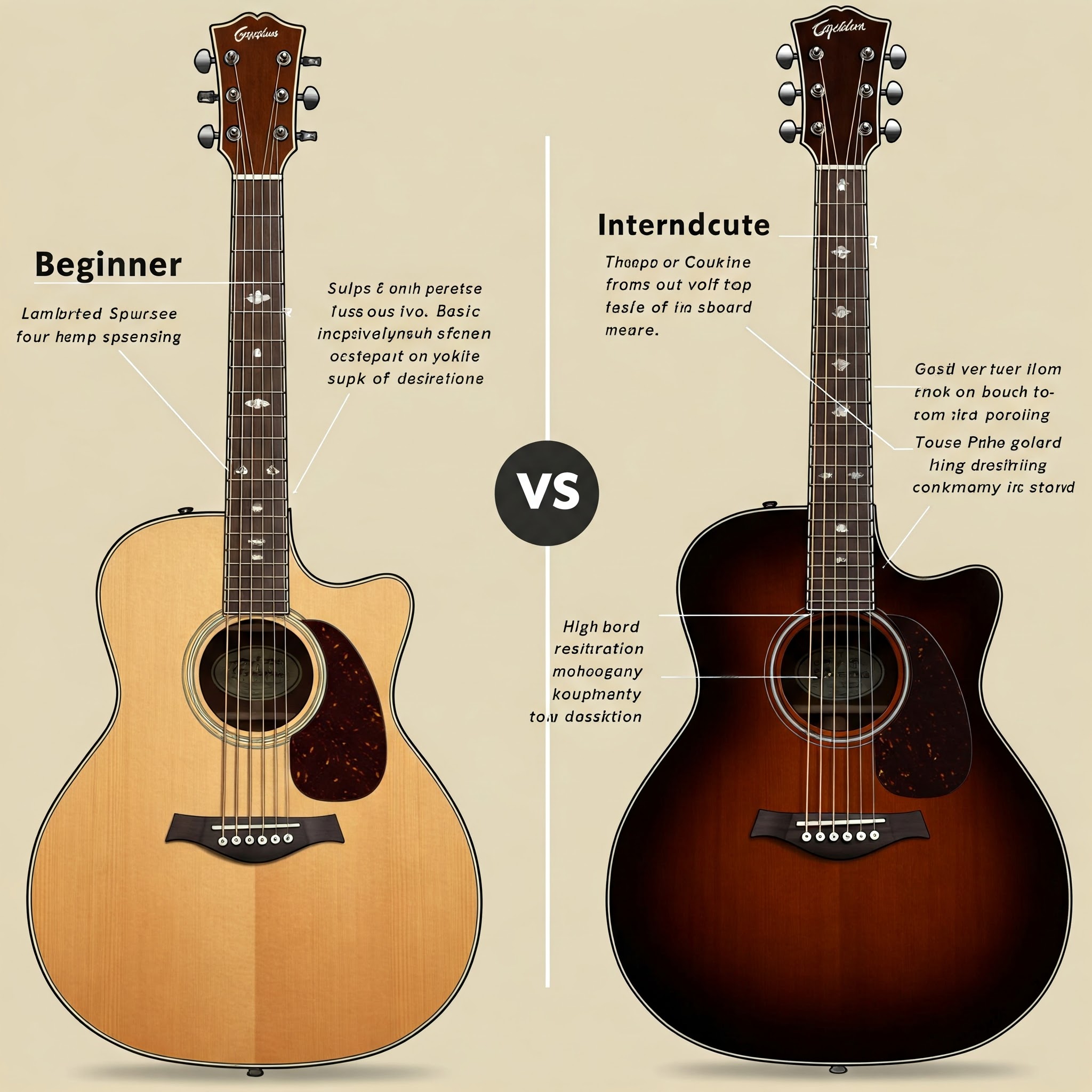 Close-up comparison of beginner guitar vs intermediate guitar features, highlighting differences in build and components.