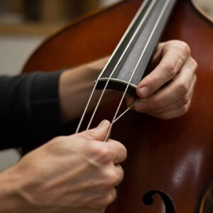 A photo of a double bass string being installed on a double bass.
