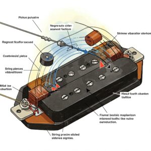  "Close-up illustration of electric guitar pickups and their function in converting string vibrations to electrical signals." Acoustic guitar vs Electric guitar