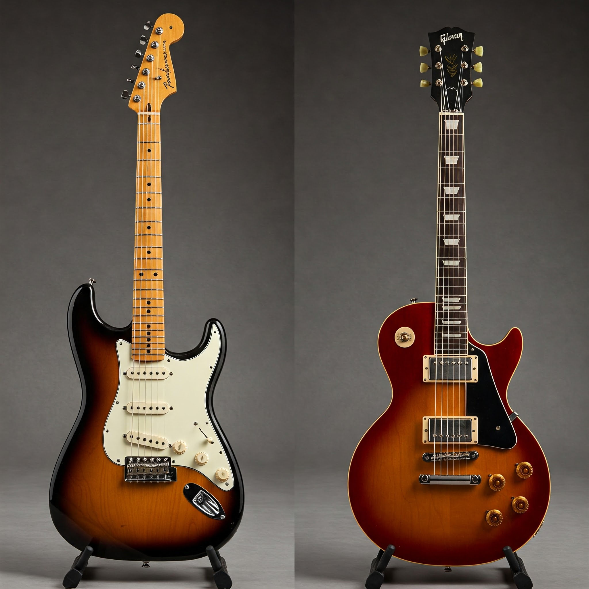 A side-by-side comparison of iconic Fender and Gibson electric guitars, highlighting their distinct body shapes and headstocks. Fender vs Gibson guitars