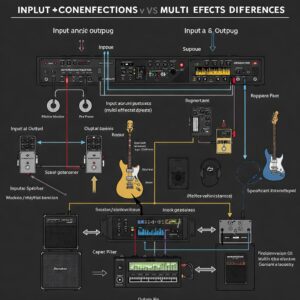 Diagram illustrating the input and output connections of a guitar amplifier versus a multi-effects pedal for different setups. Guitar amp vs Multi-effects pedal