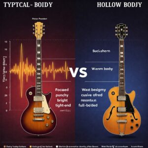 Illustration emphasizing the natural resonance and acoustic properties of a hollow body electric guitar. Solid body vs Hollow body electric guitar