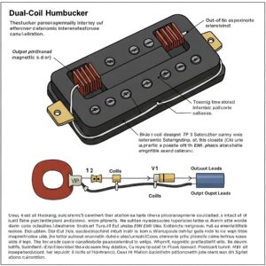 Diagram showing the dual-coil design of a humbucker guitar pickup, explaining its noise-canceling properties. Single coil vs Humbucker pickups
