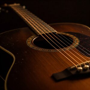 Upper bout and soundhole detail of an acoustic guitar without cutaway.