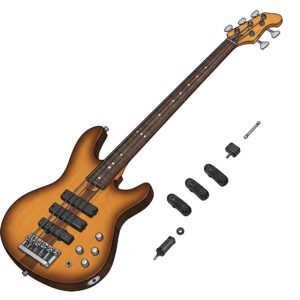 Diagram illustrating the different components of a 5 string electric bass guitar.