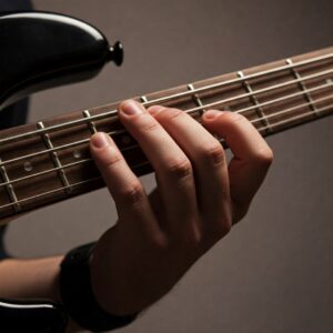 A hand demonstrating fingerstyle playing technique on the 6 bass strings of a bass.