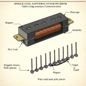 Diagram illustrating the simple construction of a single coil guitar pickup with its magnet, wire coil, and pole pieces. Single coil vs Humbucker pickups