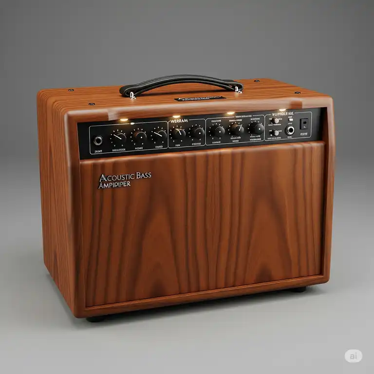 "An acoustic bass amp with a natural wood finish, ideal for amplifying the rich, warm tones of an acoustic bass guitar."
