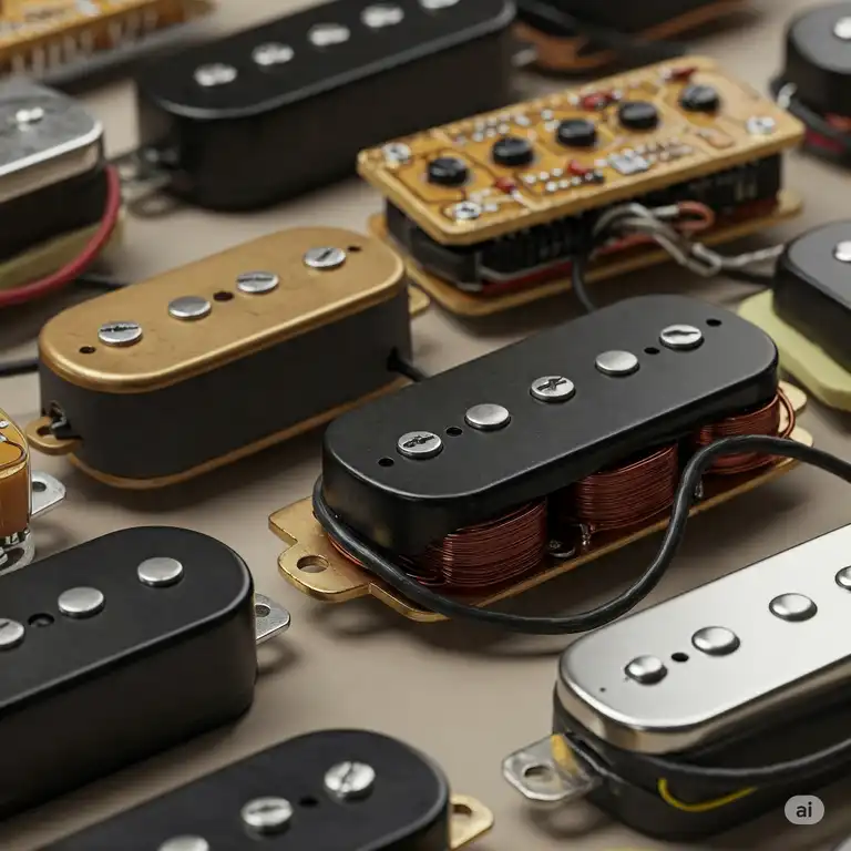 "Close-up view of various bass guitar pickups, highlighting their components and design for different tones."