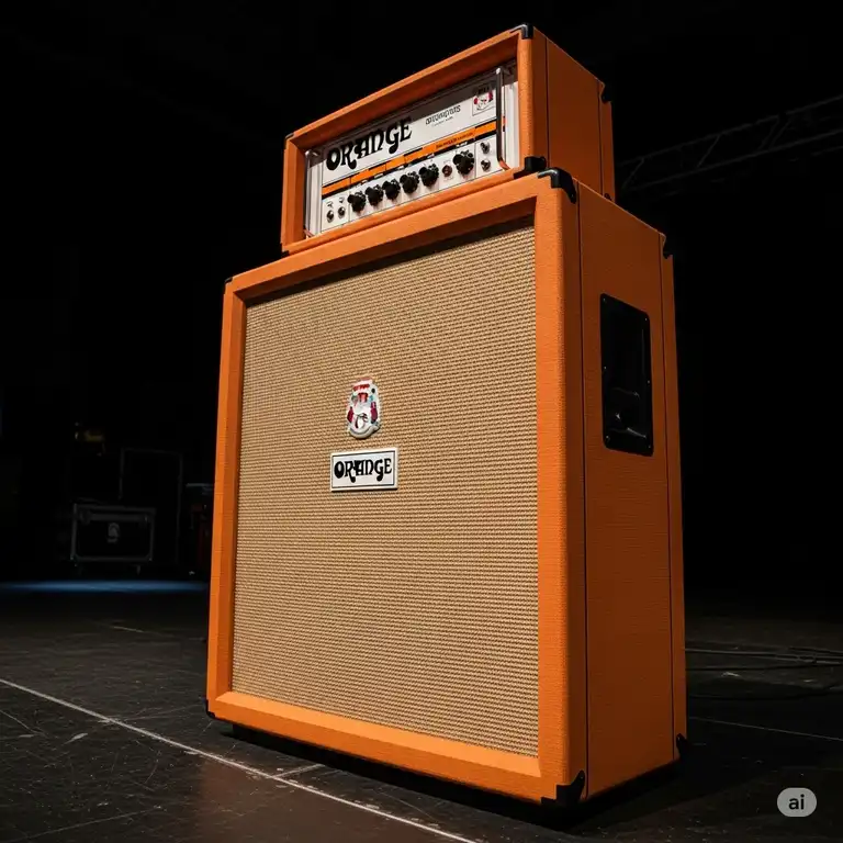 A classic orange bass amps stack, featuring a large Orange cabinet and amplifier head, ready for a powerful bass performance.
