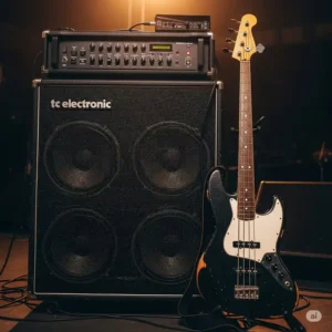 Powerful TC Electronic bass amp stack with a classic bass guitar, ready for a live performance.