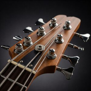 Headstock of a 12 string electric bass showing the tuning pegs for each string course.