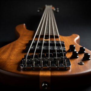 Detailed view of a 12 string electric bass guitar, highlighting its unique string configuration.