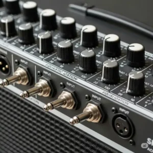 "Close-up of the front panel controls on an acoustic bass amp, showing equalization knobs and input jacks."