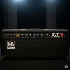 Front view of an Ampeg bass amp head, specifically the SVT Classic, highlighting its input jacks, tone controls, and characteristic logo, ready for live performance.