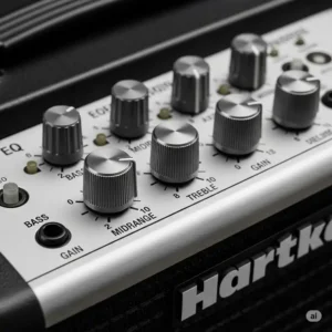 Detail of a Hartke bass guitar amp control panel, showing EQ and gain knobs.