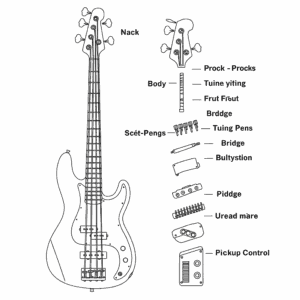 "Diagram illustrating the parts and features of a left handed bass guitar."