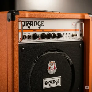 A close-up of a compact orange bass amps combo amplifier, ideal for practice or small gigs, showcasing its iconic orange Tolex finish.