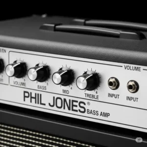 Close-up of the Phil Jones Bass Amp front panel, highlighting controls for volume, EQ, and input, essential for bass guitar tone shaping.