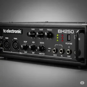 Close-up view of a compact TC Electronic bass amp head, showcasing its intuitive controls.