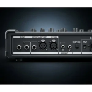 "Rear view of an acoustic bass amp highlighting various input/output ports like DI out and effects loop."