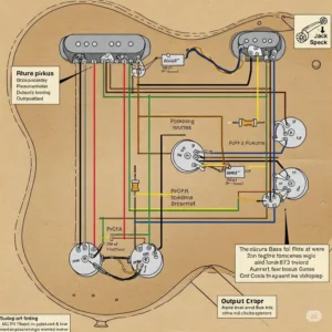 "Detailed wiring diagram showing how bass guitar pickups are connected to controls and the output jack."