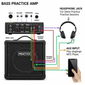 A diagram highlighting the essential features of a bass practice amp, including the headphone jack for silent practice and the aux input for playing along with music.