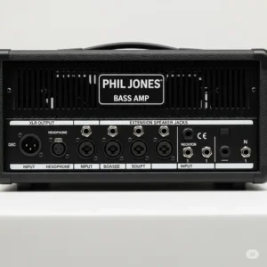 Rear view of a Phil Jones Bass Amp, detailing various input/output connections, including XLR, headphone, and extension speaker jacks for versatile use.