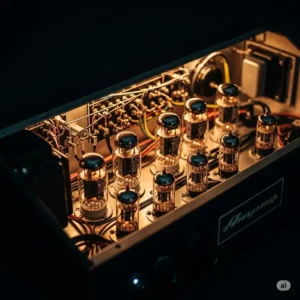 Internal view of glowing tube valves within an Ampeg bass amp head, illustrating the vacuum tube technology that delivers its rich, warm sound.
