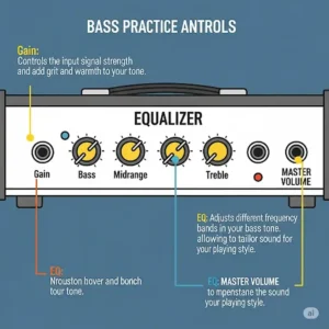 An annotated illustration explaining the common controls found on a bass practice amp, such as gain, equalizer (EQ) knobs, and master volume, for shaping your tone.