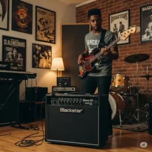 Bassist playing through a Blackstar bass amp in a home studio, perfect for practice and recording.