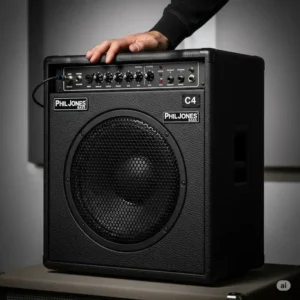 The Phil Jones Bass C4 speaker cabinet, known for its punchy sound and compact size, often paired with Phil Jones Bass amps for extended bass response.