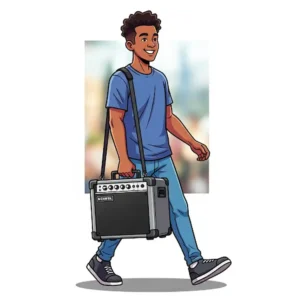 A graphic showing a musician easily carrying a lightweight bass practice amp, emphasizing its portability for travel or playing in different rooms.