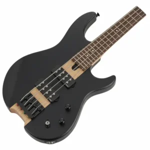 Compact headless bass guitar designed for easy travel.