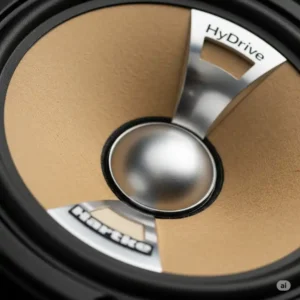 Close-up of a Hartke bass guitar amp HyDrive speaker cone, showcasing its paper and aluminum hybrid design.