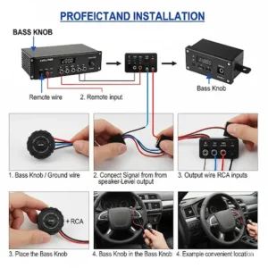 Step-by-step diagram illustrating the proper wiring and installation of a bass knob for amp in a car audio system.