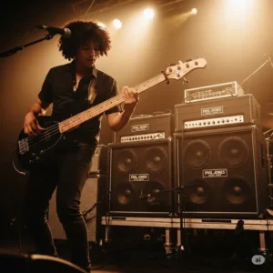 A bassist playing live with a Phil Jones Bass Amp setup on stage, demonstrating the amp's presence and clarity in a performance setting.