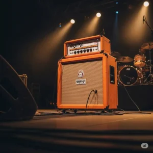 An orange bass amps set up on a stage, suggesting its use in live music performances and its powerful sound projection.