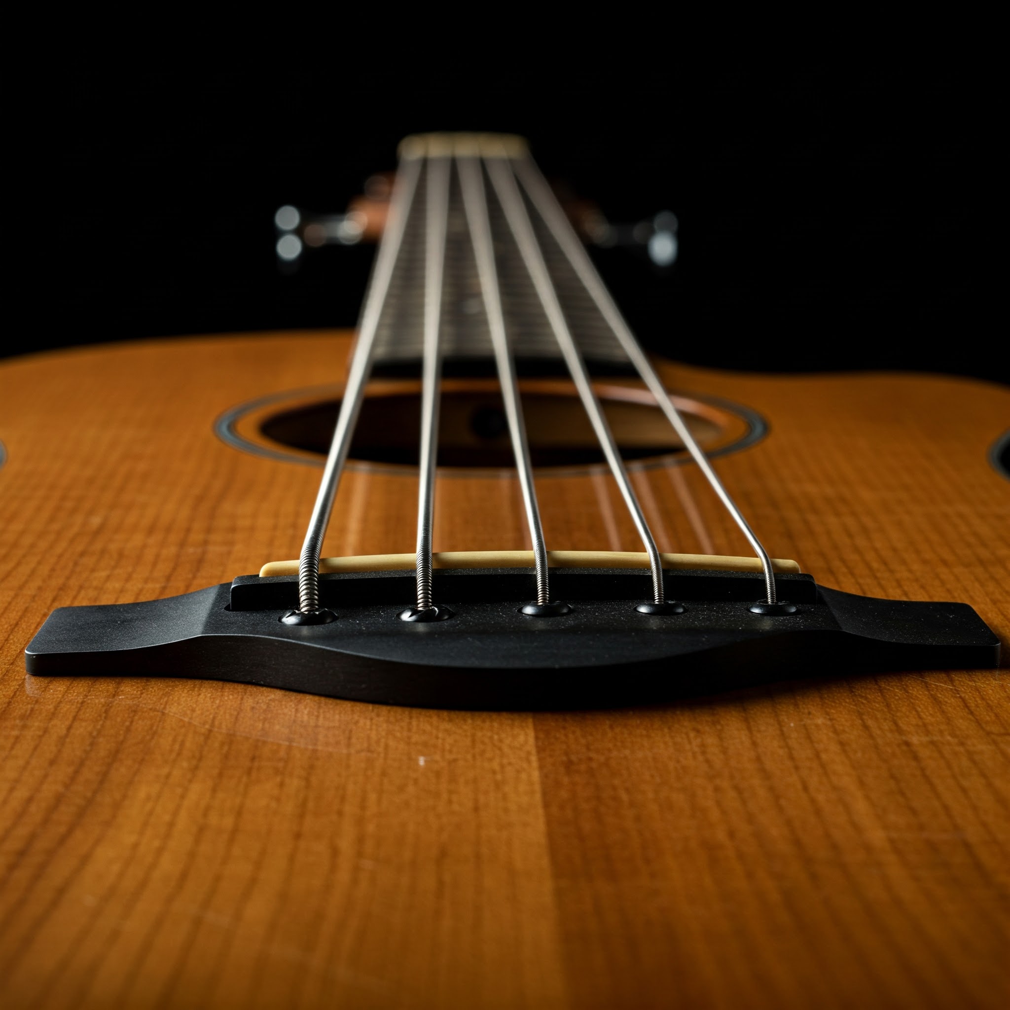 Close-up view of a 5 string acoustic bass, highlighting its strings and bridge.